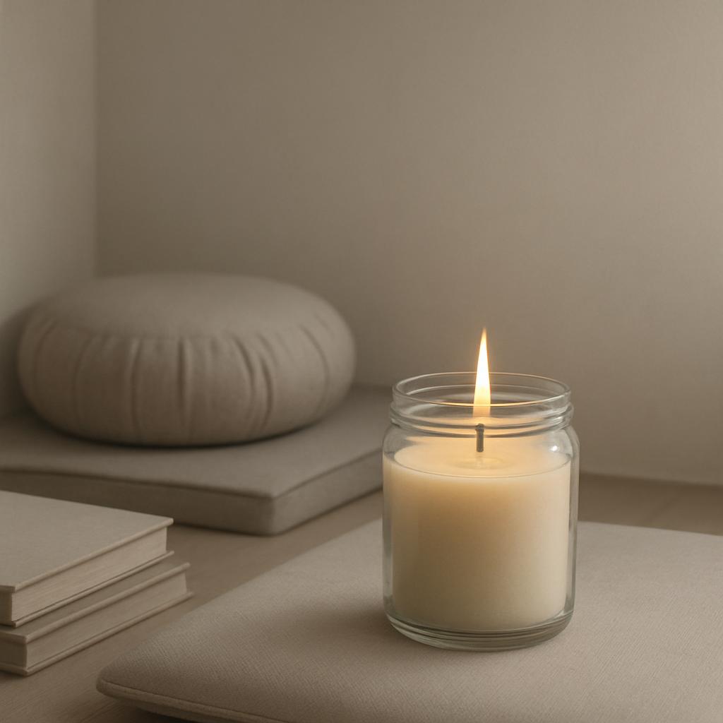 A lit candle made of a white wax with a glass jar burner next to a pile of books and a cushion on a beige seat.