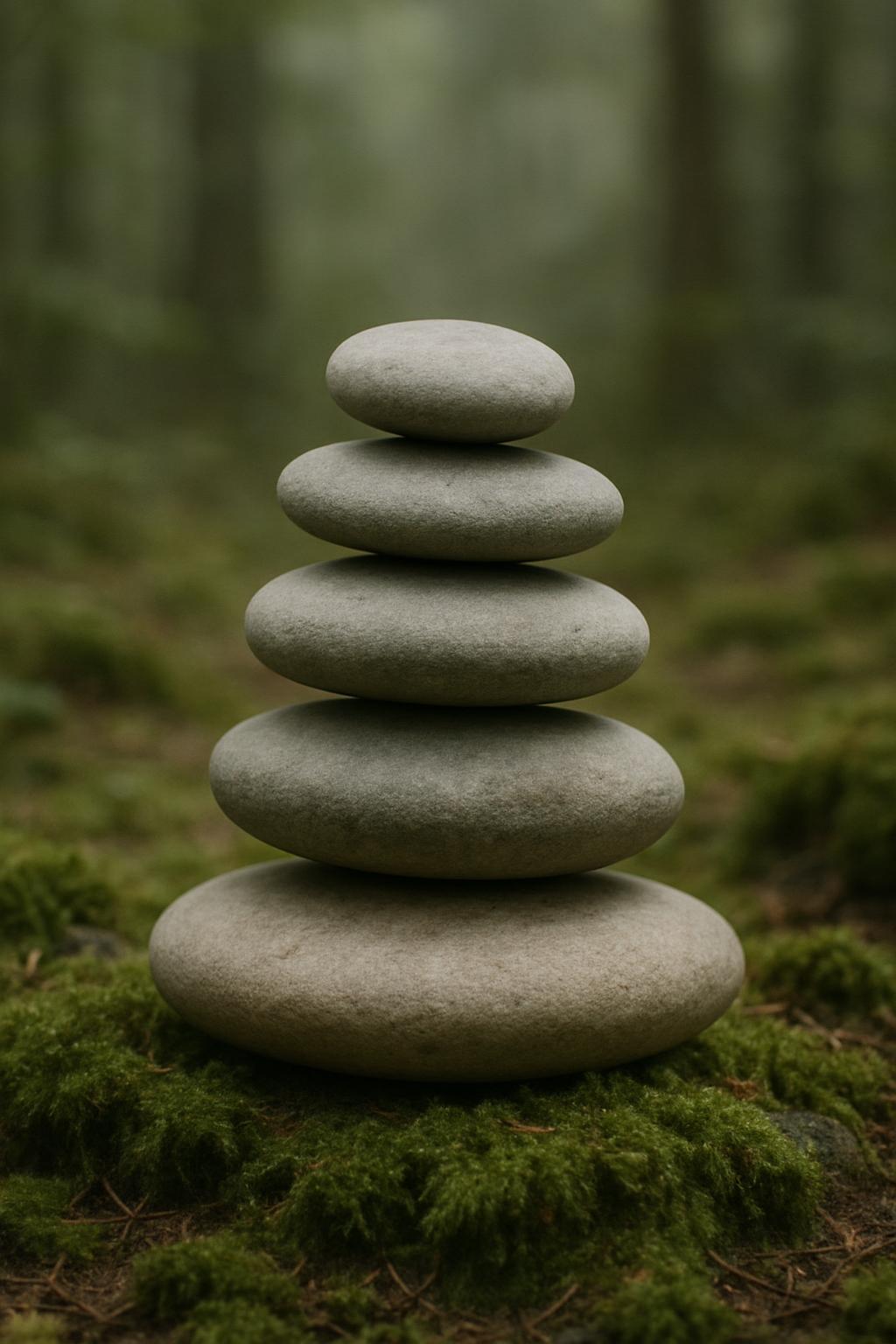 A stack of light gray stones on a bed of green moss, set against the backdrop of a blurred forest.